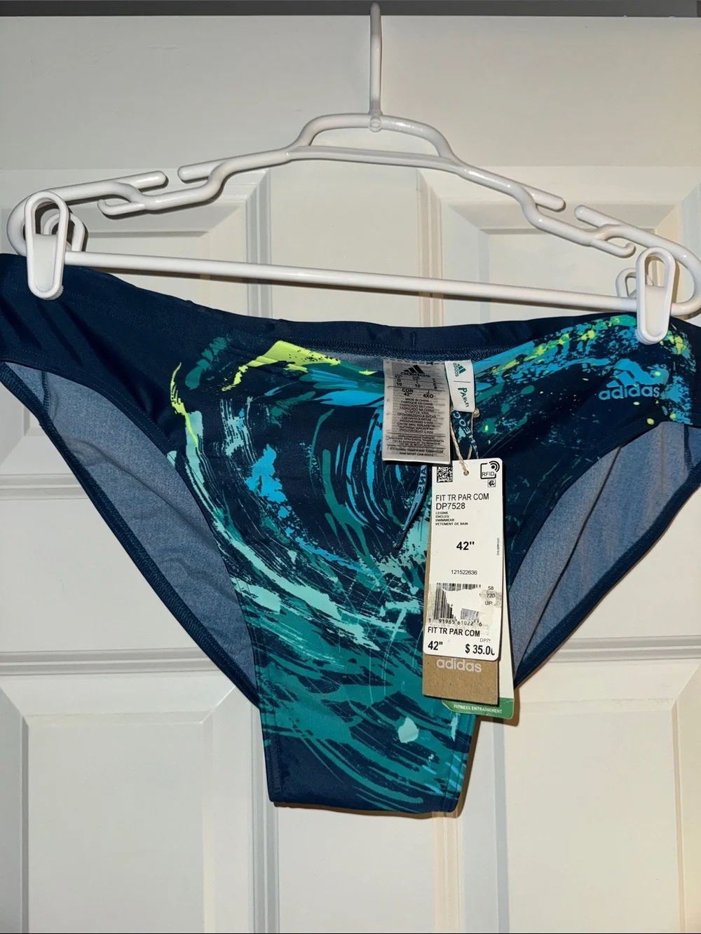 adidas Men’s Navy Teal Swim Briefs with Aqua Wave Print